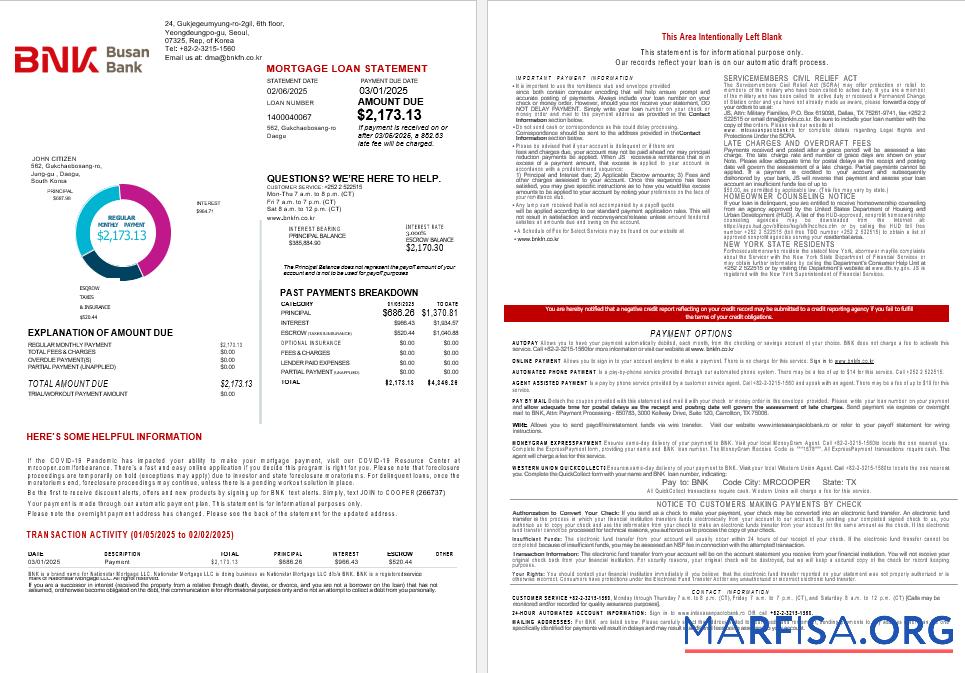 Downloadable South Korea BNK bank mortgage statement in Word and PDF formats 1 2 download for verification